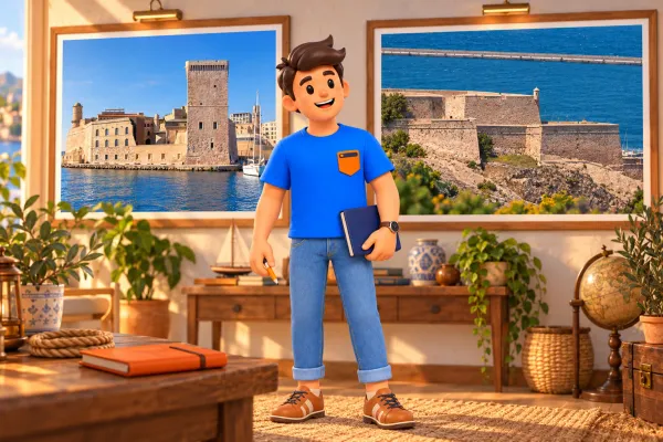 Voyageur illustré avec carnet et crayon dans une pièce imaginaire entre deux vues distinctes de Saint-Jean et des bastions bas de Saint-Nicolas recréées d’après photo
