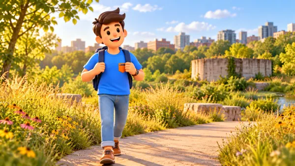 Voyageur sur un chemin de parc entre herbes et vestiges industriels stylisés