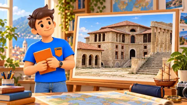 Voyageur illustré avec carnet orange dans une pièce imaginaire près d’une vue extérieure encadrée de l’hôpital Caroline recréée d’après photo