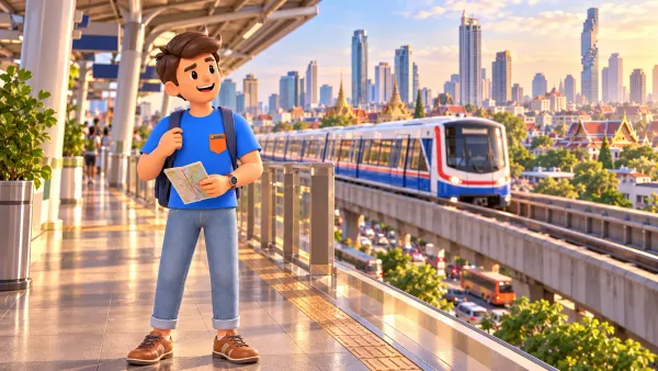 Voyageur avec un plan près du métro aérien et de la ville de Bangkok