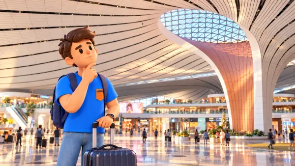 Voyageur avec une valise sous la verrière courbe de l’aéroport de Daxing