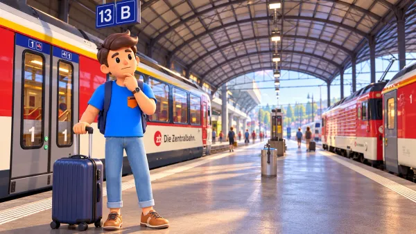 Voyageur avec sa valise sur un quai de Lucerne près des trains Zentralbahn