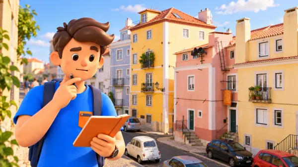 Voyageur avec un carnet devant de vraies façades pastel et une rue en pente de Lisbonne