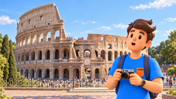 Voyageur avec un appareil photo devant la façade réelle du Colisée à Rome