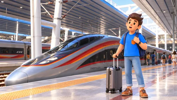 Voyageur avec une valise sur le quai près d’un véritable train CR400AF-C à Pékin