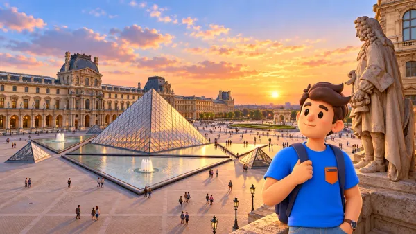 Voyageur contemplant la cour du Louvre, sa pyramide, ses bassins et ses façades