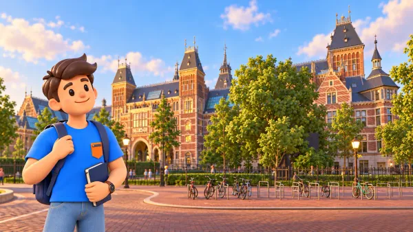 Voyageur devant la façade et le passage du Rijksmuseum d’après une photographie réelle