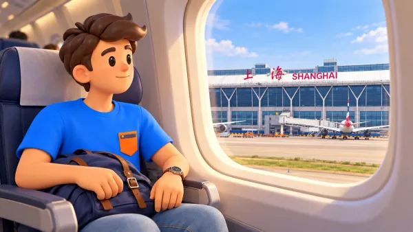 Voyageur dans un avion regardant la façade réelle du terminal de Pudong