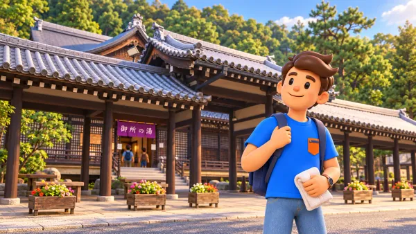 Voyageur avec une serviette devant le bain public Goshono-yu à Kinosaki