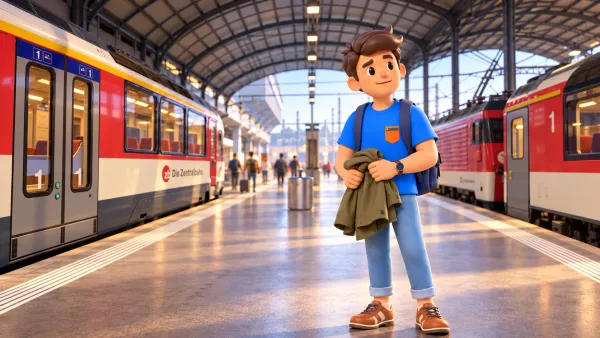 Voyageur tenant une veste de pluie sur un quai de la gare de Lucerne