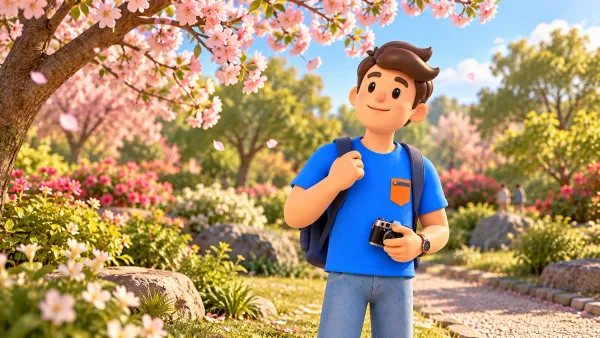 Voyageur observant des fleurs printanières dans un jardin