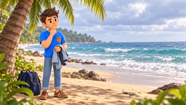 Voyageur observant les vagues depuis le sable sec d’une plage tropicale