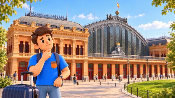 Voyageur avec une valise devant la façade historique d’Atocha