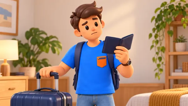Voyageur réfléchissant au paiement avec son portefeuille et sa valise