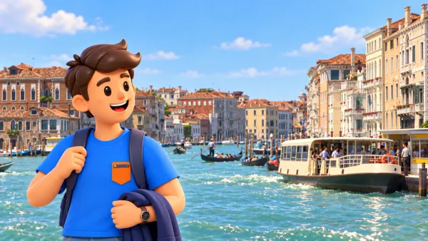 Personnage devant un vaporetto et les palais du Grand Canal redessinés d’après photo