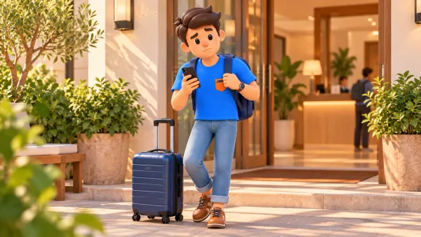 Voyageur avec une valise vérifiant son téléphone avant de partir