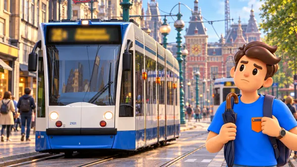 Personnage près d’un tramway d’Amsterdam redessiné d’après une photographie historique du Damrak
