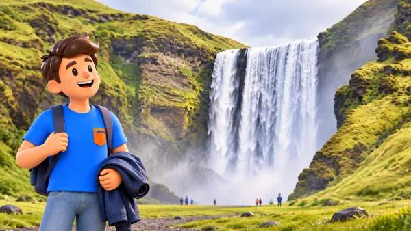 Personnage devant Skógafoss redessiné d’après une vraie photographie