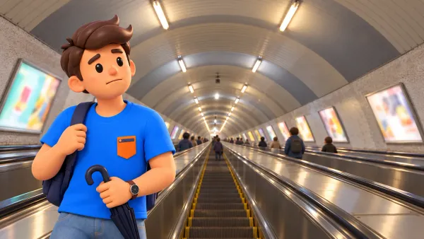 Personnage dans un tunnel d’escaliers mécaniques du métro de Tbilissi redessiné d’après photographie