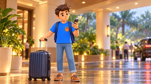 Voyageur avec une valise consultant son téléphone à l’abri de la pluie