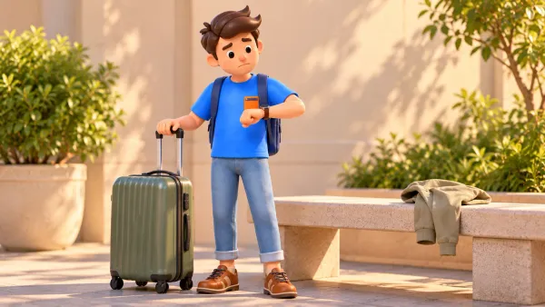 Voyageur avec une valise vérifiant l’heure avant de déposer ses bagages