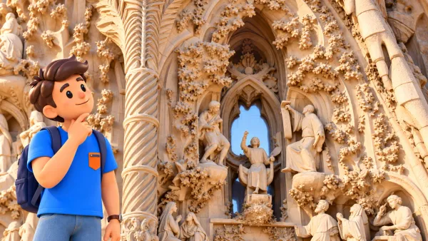 Personnage observant un détail de la façade de la Nativité redessiné d’après une photographie