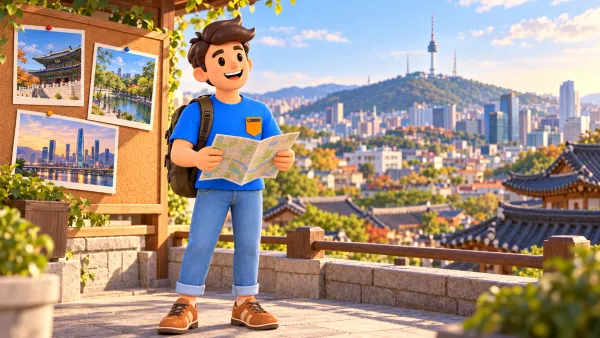 Personnage avec une carte choisissant les quartiers pour un premier séjour à Séoul