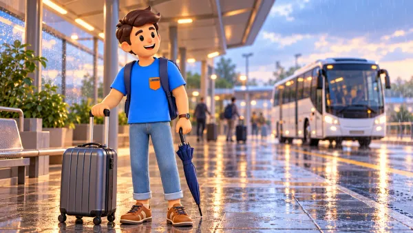 Voyageur avec un parapluie attendant sous un abri