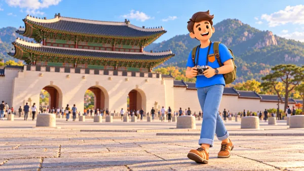 Personnage avec un appareil photo commençant une promenade près de Gwanghwamun