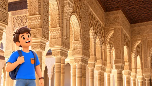 Voyageur observant l’arcade réelle de la cour des Lions à l’Alhambra