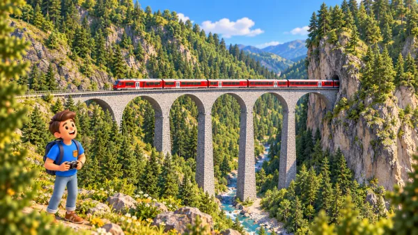 Viaduc de Landwasser et train RhB redessinés d’après une photo officielle