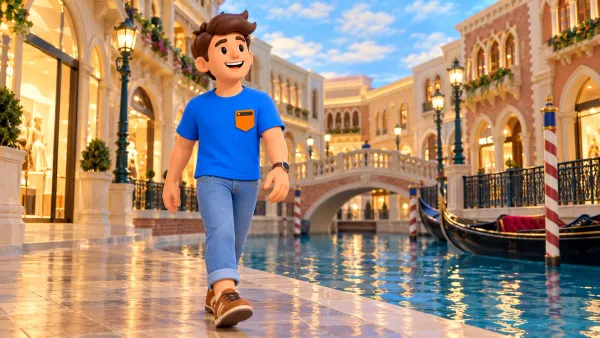 Personnage longeant le canal intérieur des Grand Canal Shoppes sous un ciel peint