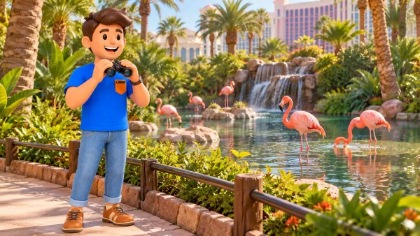 Personnage observant les flamants avec des jumelles au jardin du Flamingo