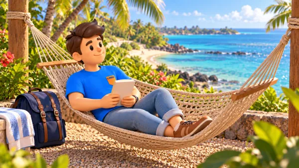 Voyageur avec un livre dans un hamac près d’une côte tropicale
