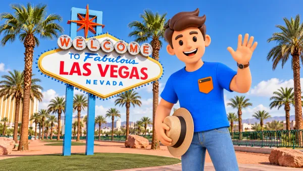 Personnage saluant près du panneau Welcome to Fabulous Las Vegas