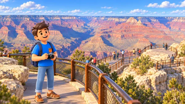 Voyageur derrière la barrière de Mather Point au South Rim