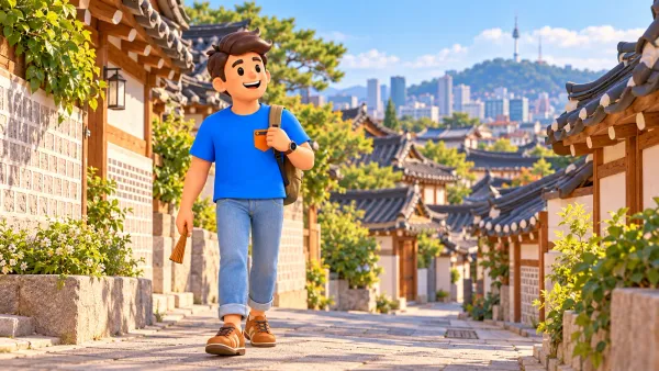 Voyageur avec un éventail fermé dans une rue de maisons hanok