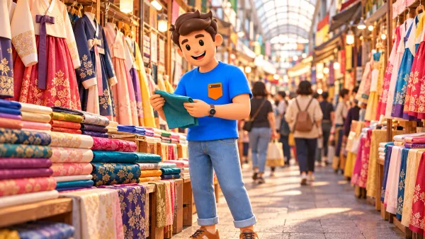 Personnage observant un tissu dans un marché couvert, illustration
