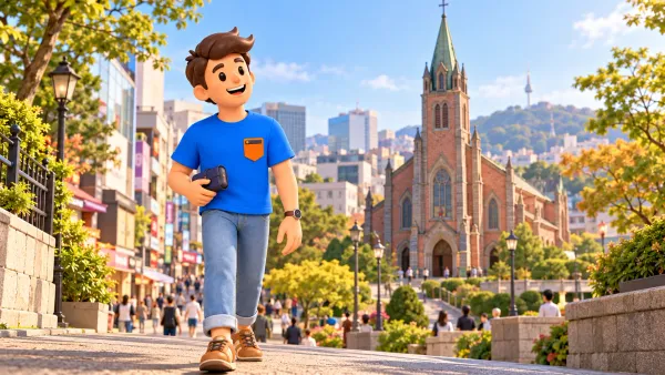 Personnage près d’une cathédrale de brique inspirée de Myeongdong, illustration