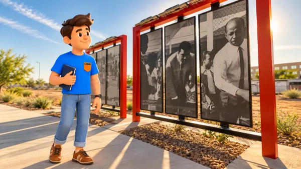 Voyageur observant les panneaux historiques de Historic Westside Legacy Park