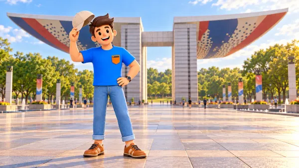 Voyageur avec casquette devant une entrée monumentale imaginaire du parc olympique