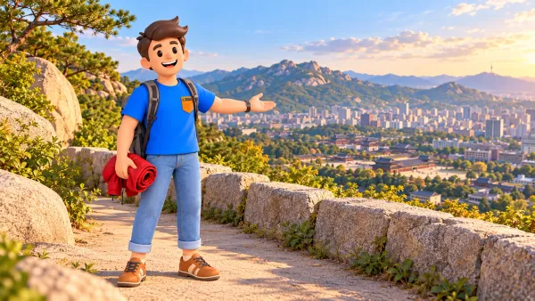 Voyageur montrant le panorama urbain depuis un sentier près du rempart