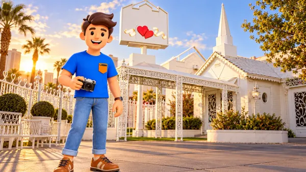 Voyageur avec un appareil photo devant Little White Wedding Chapel