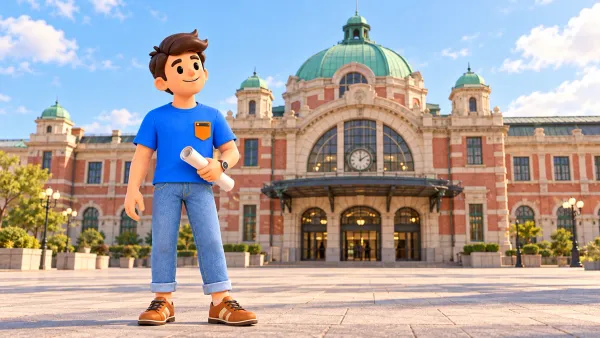Voyageur avec une feuille roulée devant l’ancienne gare de Séoul stylisée