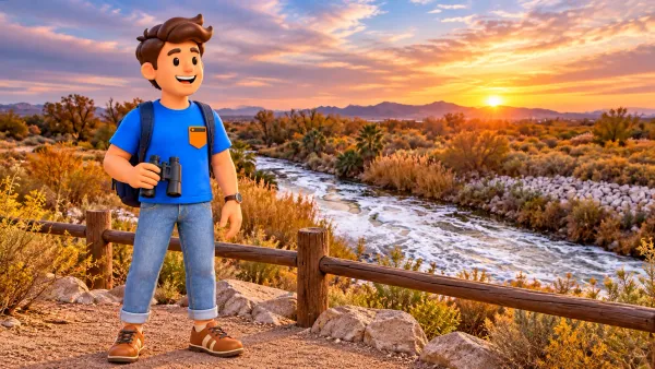 Voyageur avec des jumelles devant le paysage du Las Vegas Wash à l’aube