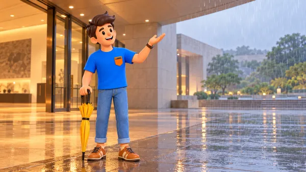 Voyageur avec un parapluie jaune fermé sous un auvent de musée