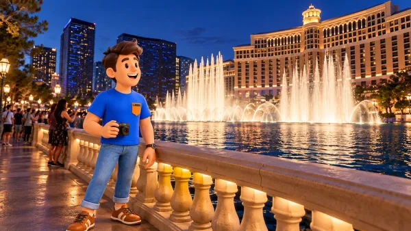 Персонаж с фотоаппаратом смотрит на вечерние фонтаны Bellagio