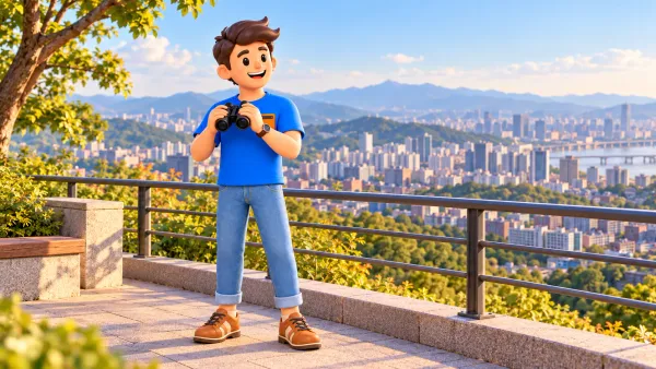 Voyageur avec jumelles devant un panorama urbain