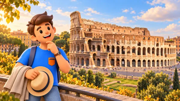 Traveller with a hat and jacket overlooking the Colosseum