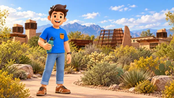 Mascot in the Springs Preserve desert garden, artistic illustration